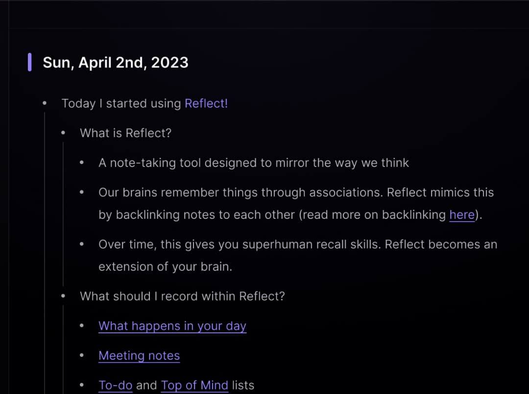 Reflect’s daily note with nested entries linked within the note.