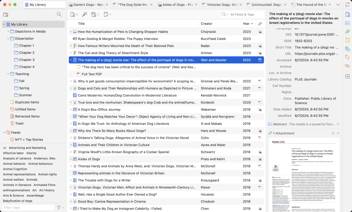 Official Zotero desktop screenshot showing a reference library, item metadata, and PDF reader