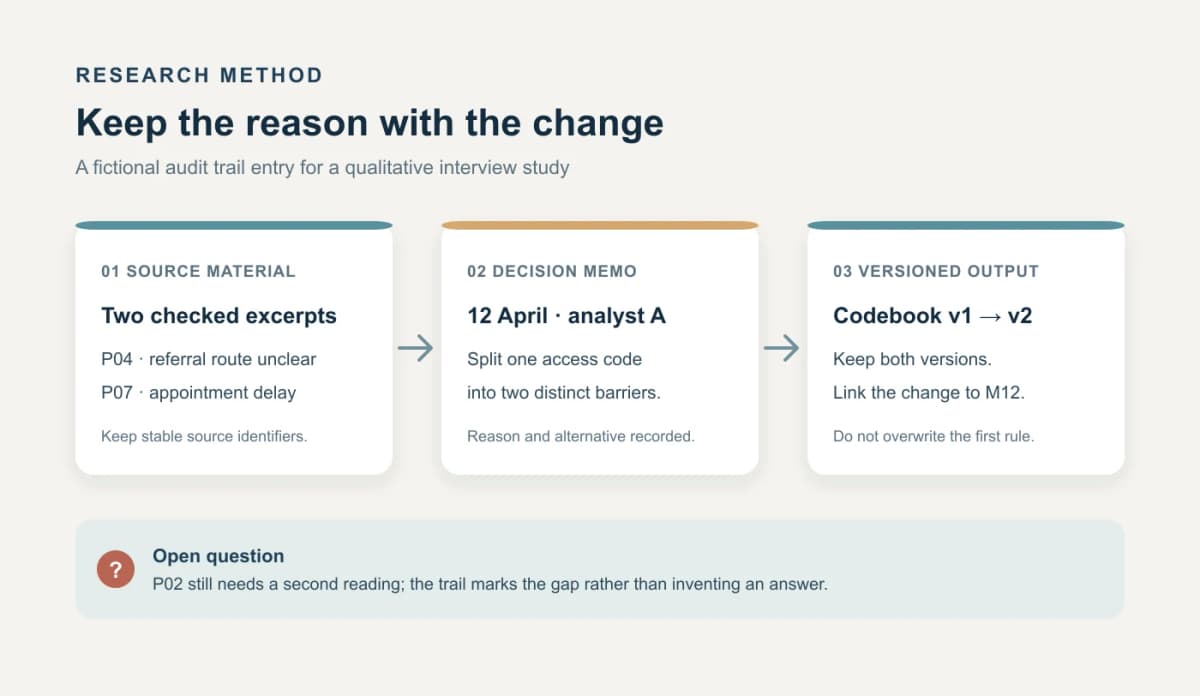 A fictional audit trail path links source excerpts to a dated decision memo, old and new codebooks, and an open question.