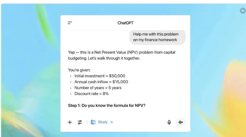 OpenAI Study Mode demonstration shows a finance problem, a guided tutor prompt, and the Study toggle.