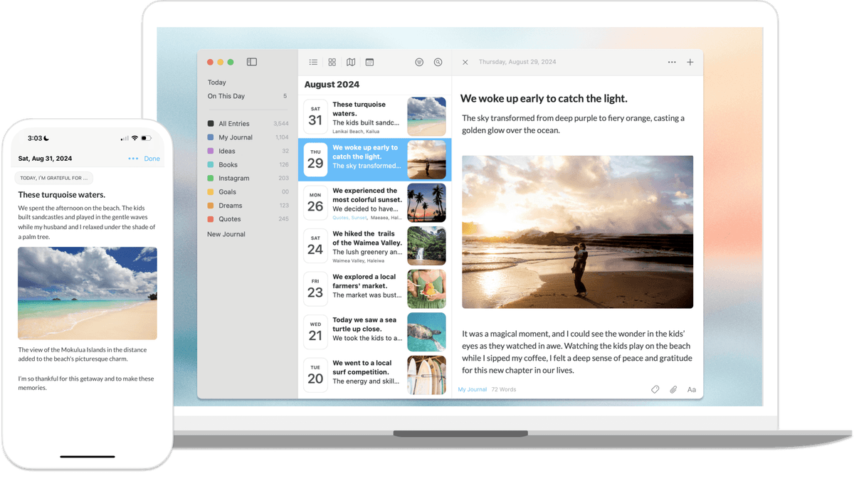 Official Day One screenshot showing a journal entry interface with photos and writing tools