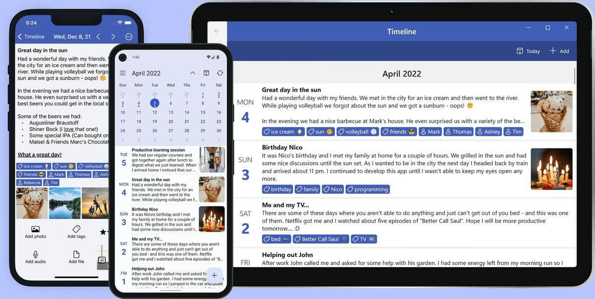Official Diarium screenshot showing the journal app running across Windows, phone, and tablet screens