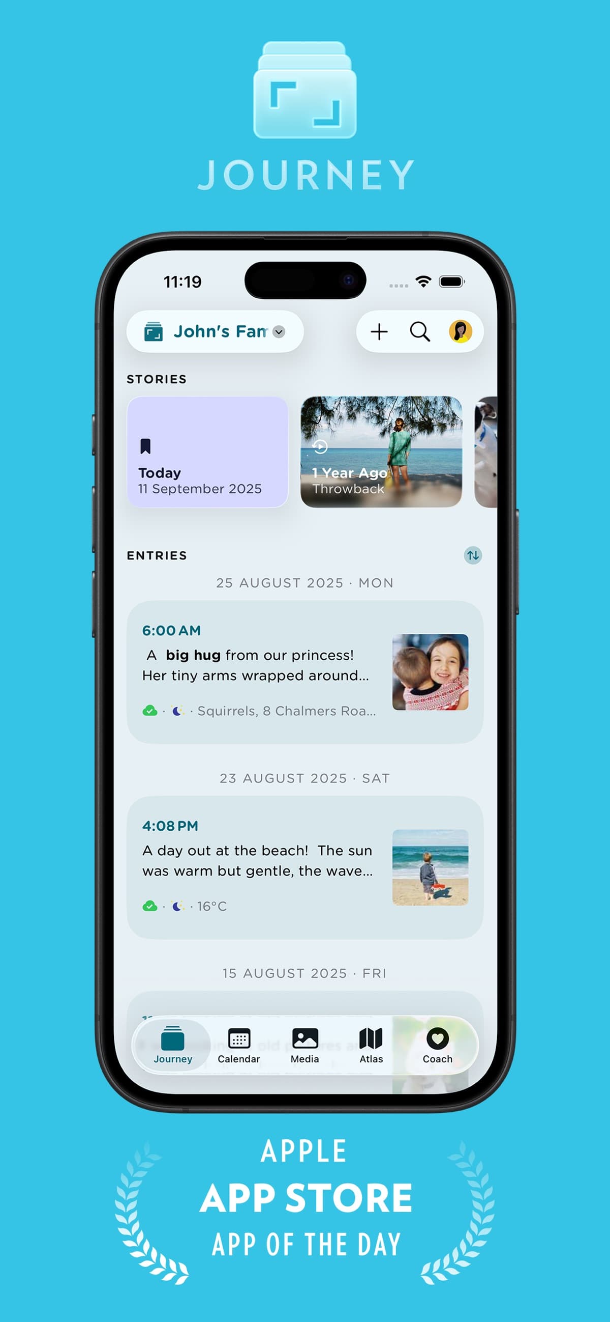 Official Journey App Store screenshot showing the journal app interface and entry views