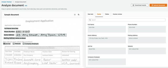 Amazon Textract Analyze Document console showing an employment application beside extracted form fields.