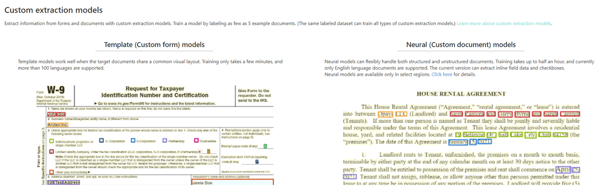 Microsoft Learn custom-extraction example with highlighted fields on a W-9 and rental agreement.
