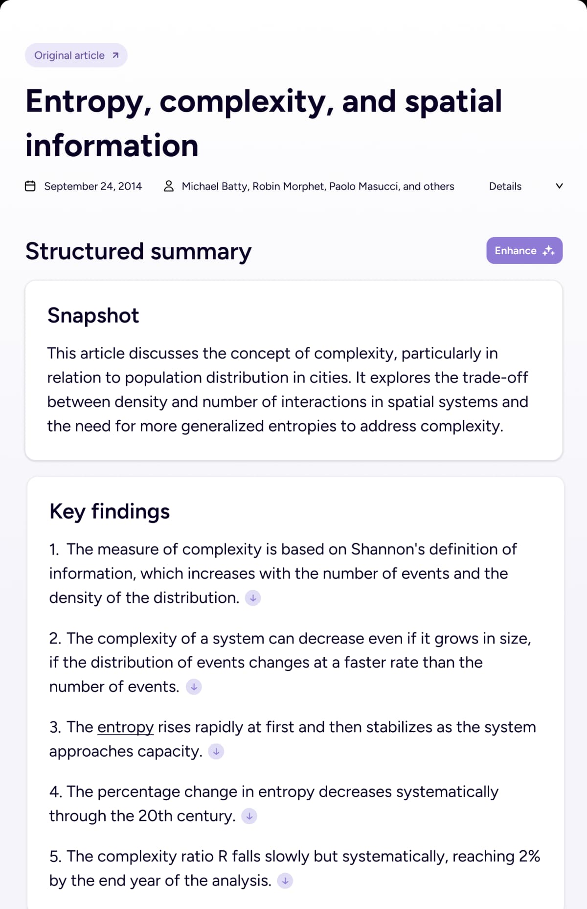 Scholarcy structured summary for a research paper, with a snapshot and key findings visible.