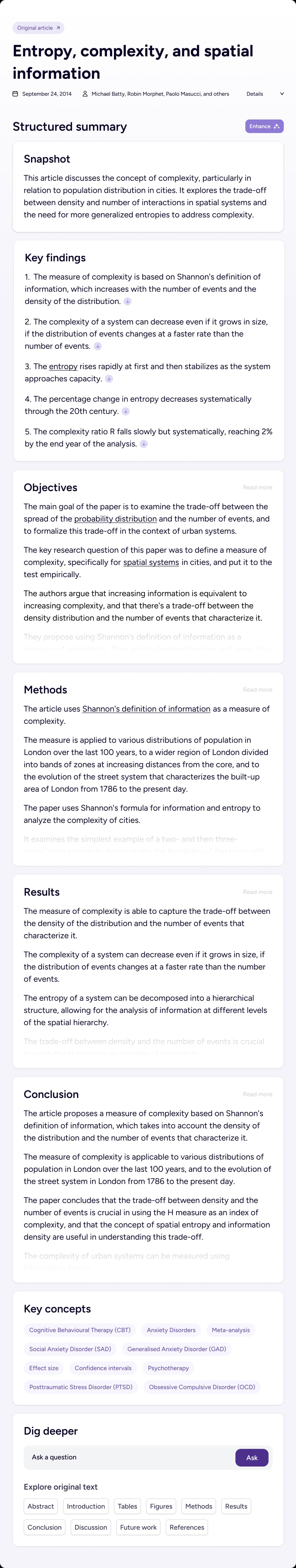 Scholarcy interface showing a flashcard summary for a research paper.