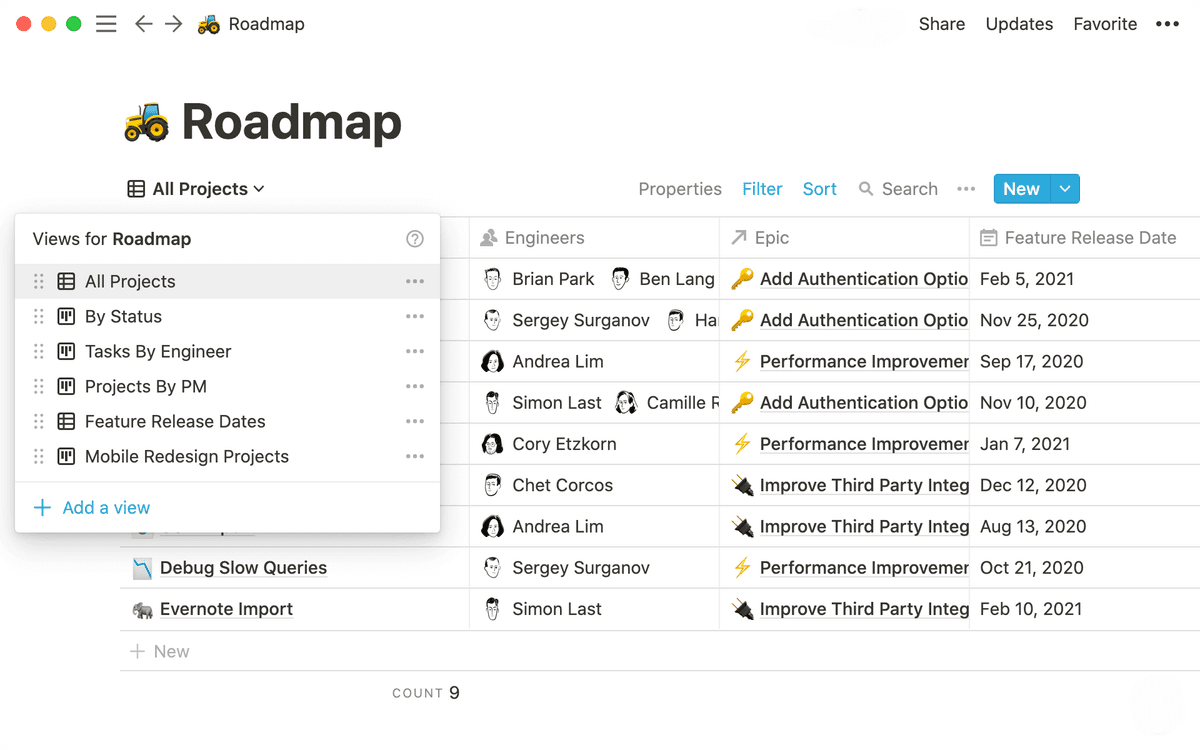 Official Notion product screenshot showing database and workspace views