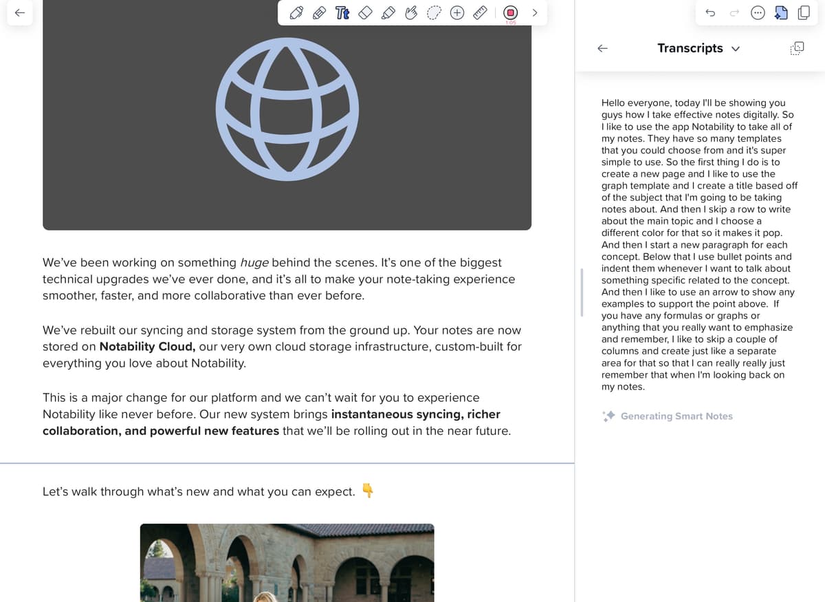 Notability support screenshot showing a note beside the live transcript panel during audio recording.