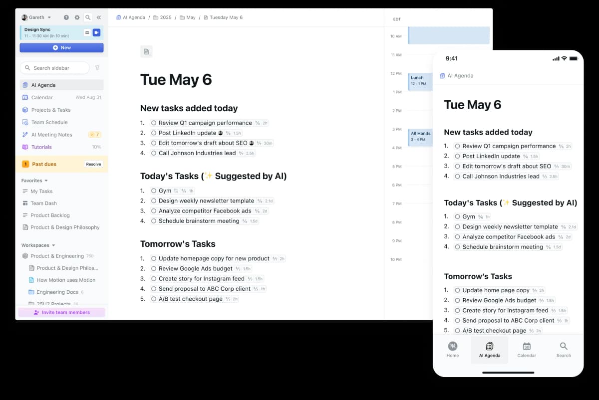 Motion’s 2025 AI Agenda shows suggested tasks beside a calendar in desktop and mobile layouts.