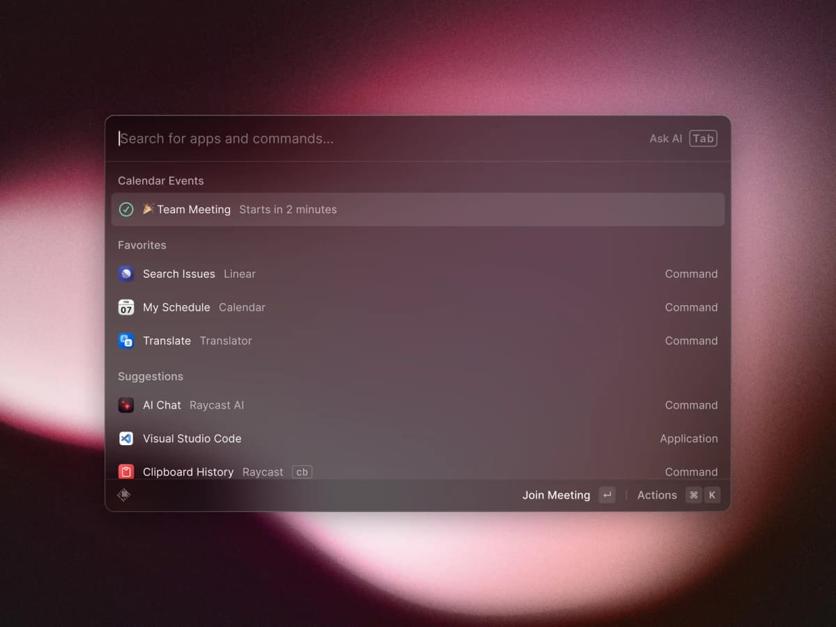 Raycast’s press kit screenshot shows app and command search above a calendar event and suggested commands.