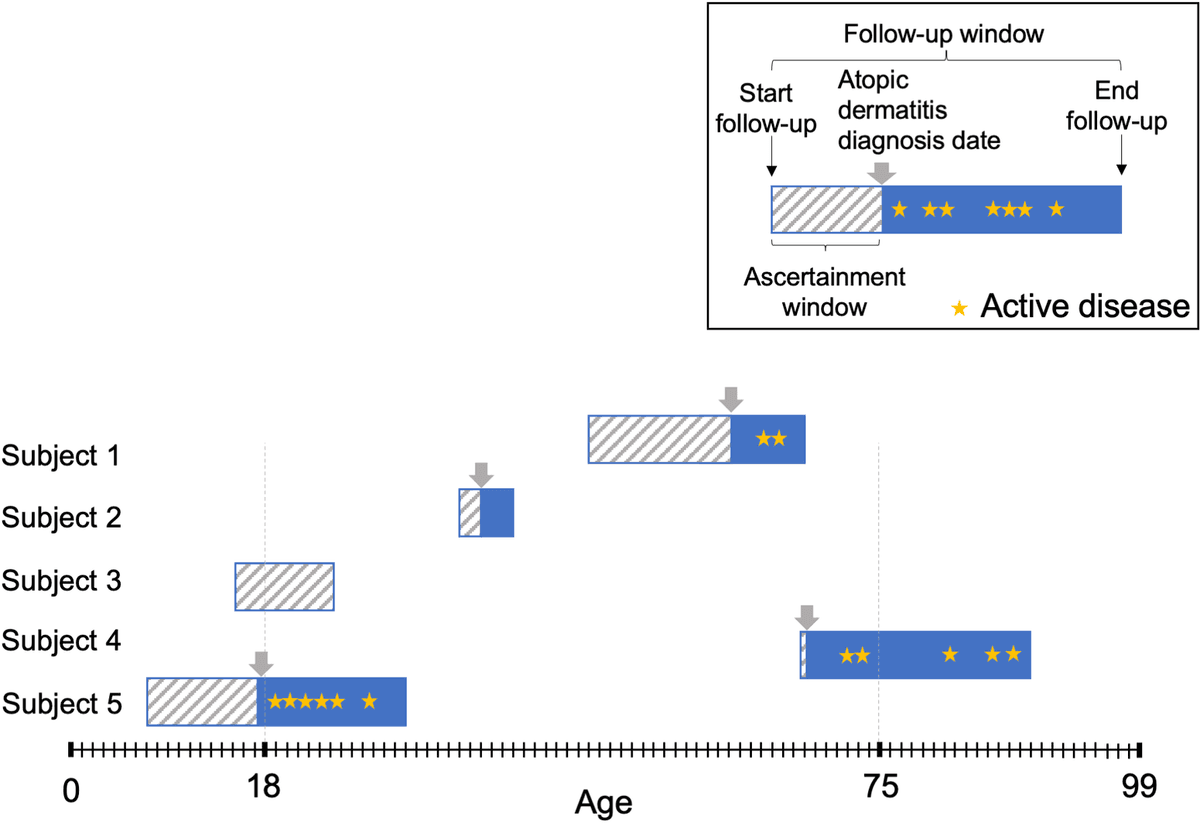 Graphical cohort follow-up example showing participant-specific follow-up, diagnosis timing, and repeated active-disease assessments