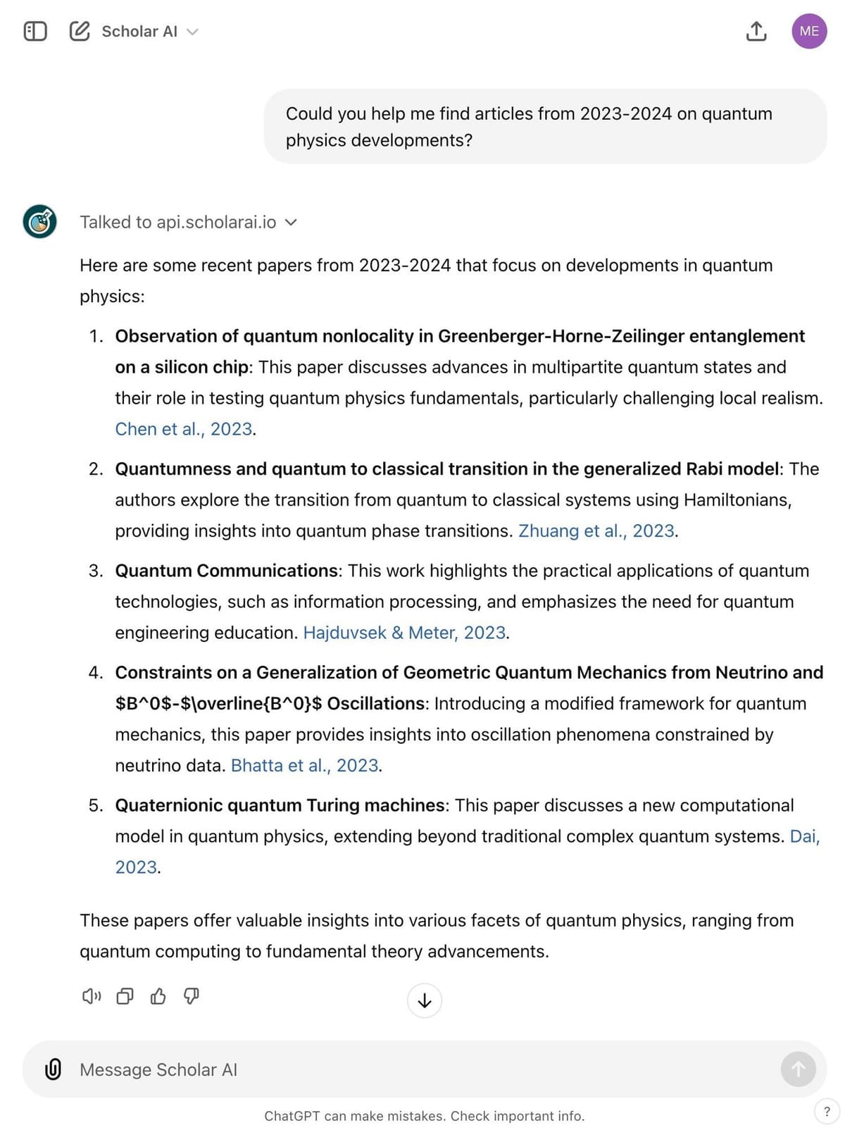 ScholarAI screenshot showing a ChatGPT-based paper search and cited results about quantum physics.