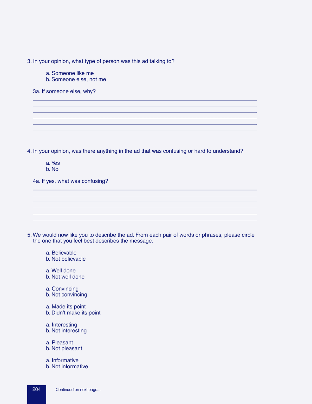 NCI pretest questionnaire asking about audience fit and confusion with explanatory follow-ups and message ratings