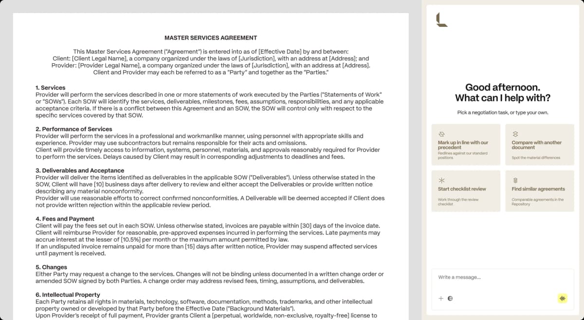 Luminance negotiation workspace beside a sample Master Services Agreement and review task cards.