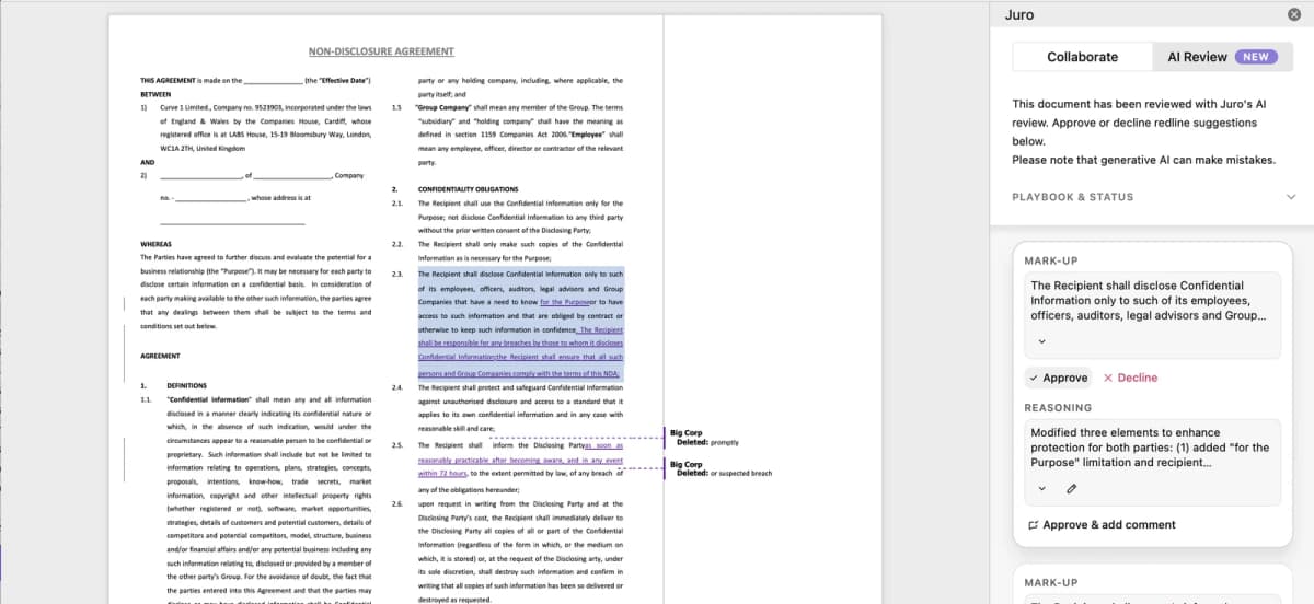 Juro’s AI Review in Word shows suggested NDA redlines with approve or decline controls and reasoning.