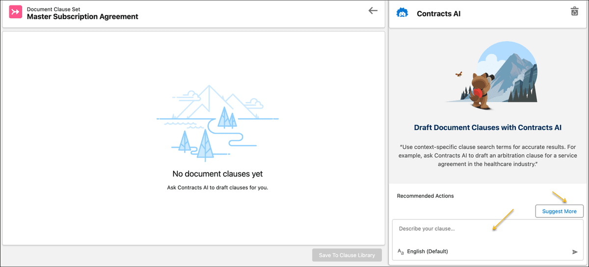 Salesforce Contracts AI prompt for drafting clauses in a Document Clause Set