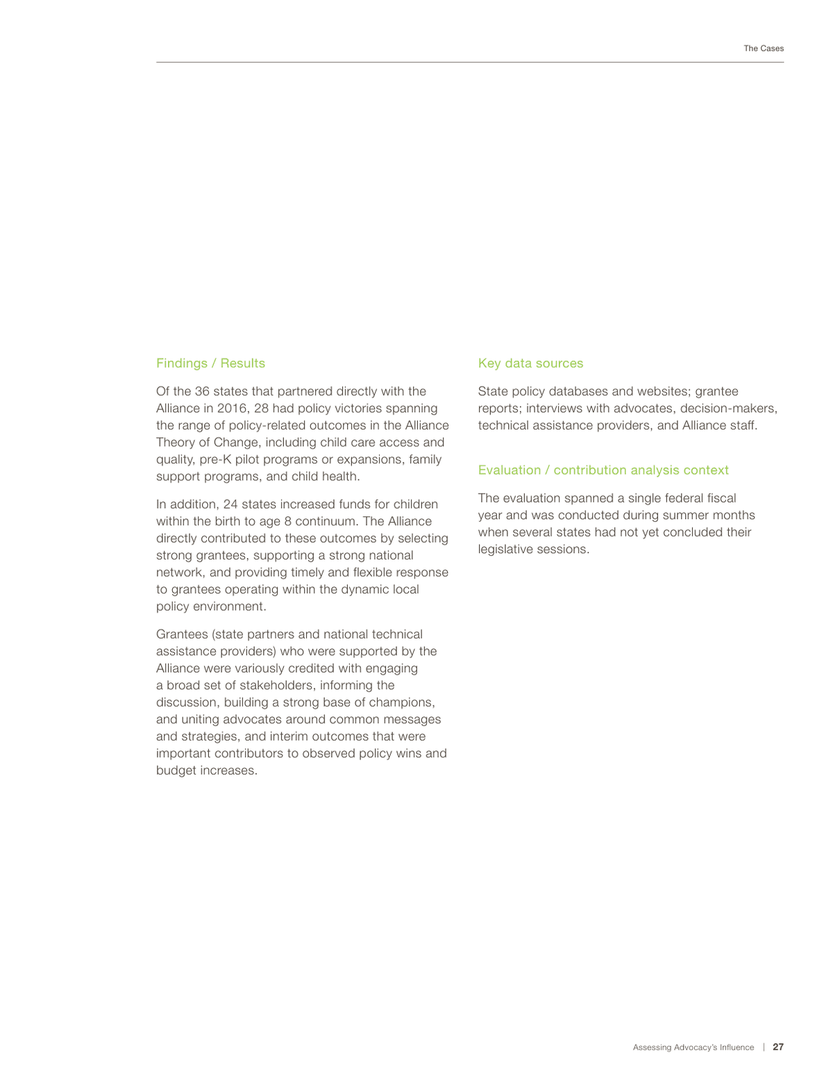 A published advocacy evaluation reports outcomes, proposed contributions, source types, and a timing limitation on one page.