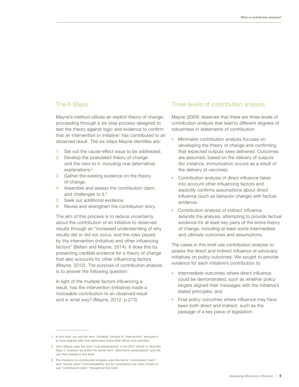 The Center for Evaluation Innovation's 2017 policy-evaluation brief lists Mayne's six contribution-analysis steps beside three levels of analysis.