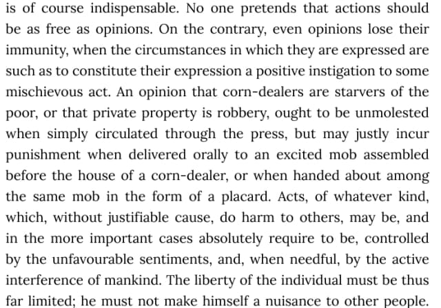 Mill’s Chapter III passage contrasts a claim printed in the press with the same claim delivered to an excited crowd and states a harm-related limit on liberty.