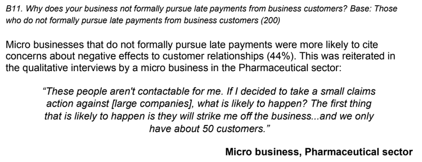 UK government report excerpt showing the survey base, a separate micro-business response count, and an anonymized late-payment interview account.