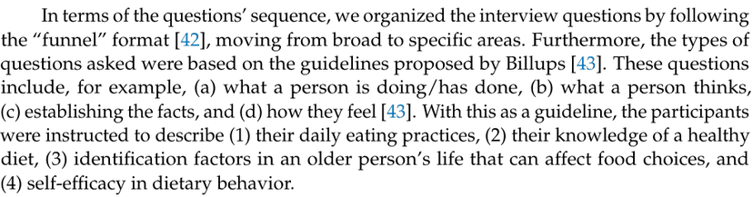 Excerpt from a 2021 qualitative interview study describing its broad-to-specific question sequence and four topic areas.