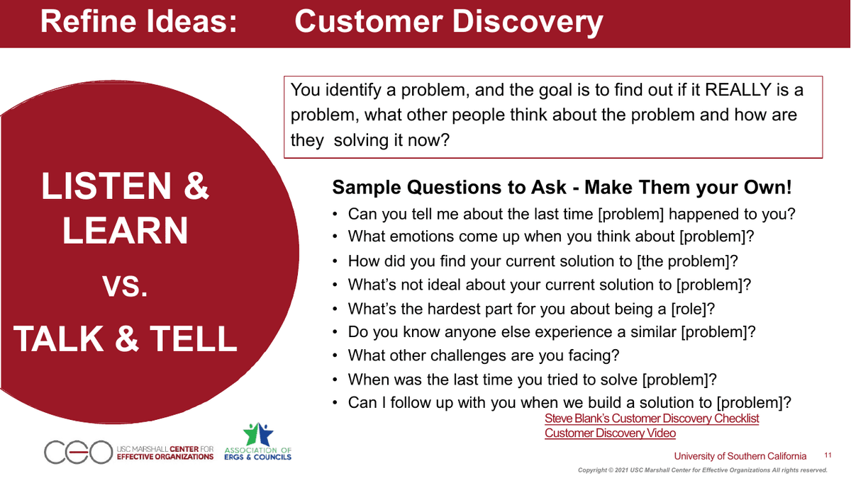 USC Marshall’s customer-discovery slide lists sample prompts including asking about the last time a problem happened and how the person found a current solution.