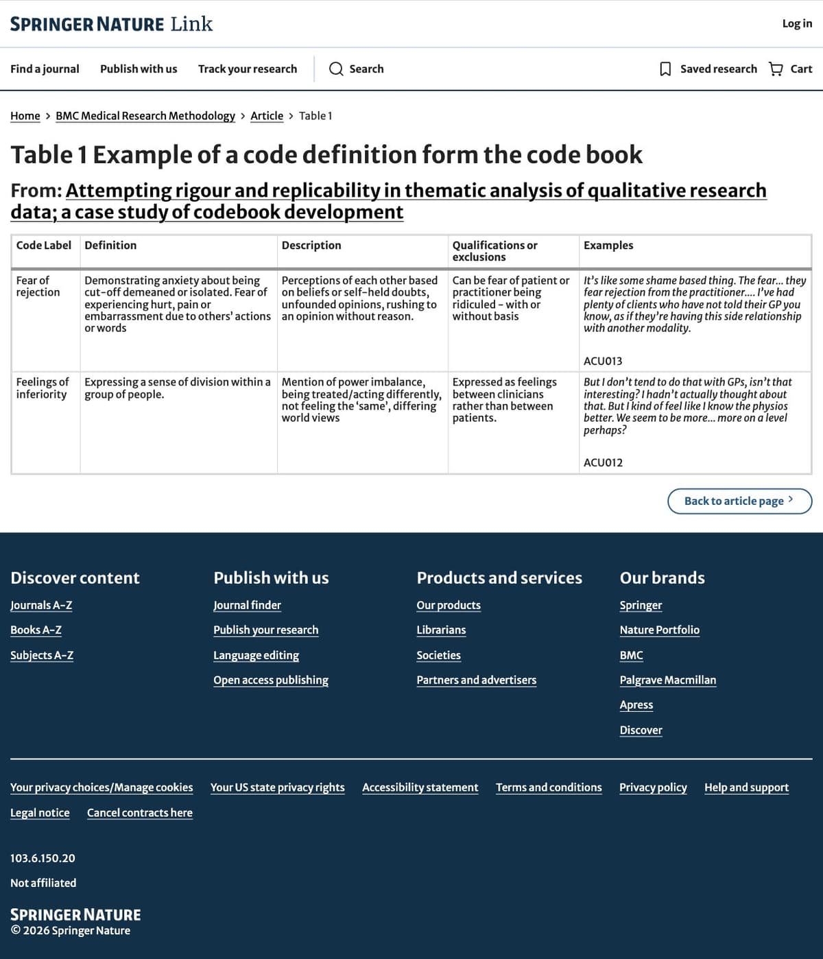 Published healthcare-research codebook table linking code labels and definitions to descriptions, exclusions, and supporting interview excerpts.
