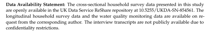 Published data availability statement showing open cross-sectional survey data, request-only longitudinal and water-quality monitoring data, and restricted interview transcripts.