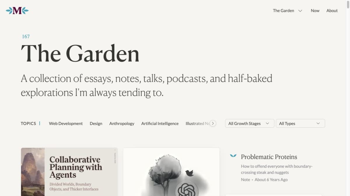 Maggie Appleton’s public digital garden page with topic navigation and a collection of essays, notes, and exploratory writing.
