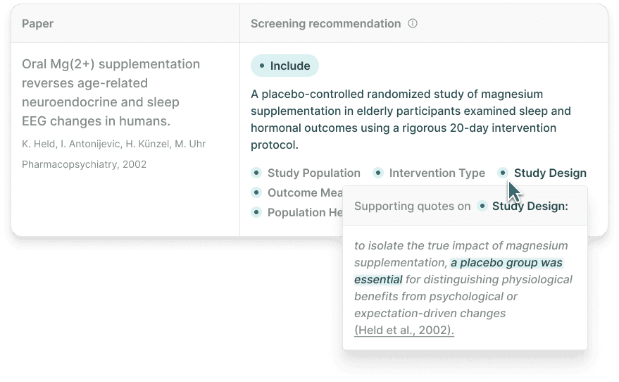 Elicit screening recommendation with criteria and a supporting quote from a magnesium-study example.