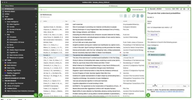 EndNote library with groups at left, a reference list in the center, and selected-record details at right.