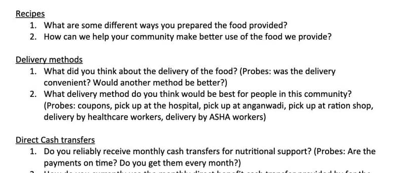 A published discussion guide excerpt pairs an open question about food delivery with optional probes about convenience and alternatives, then moves to a separate topic.