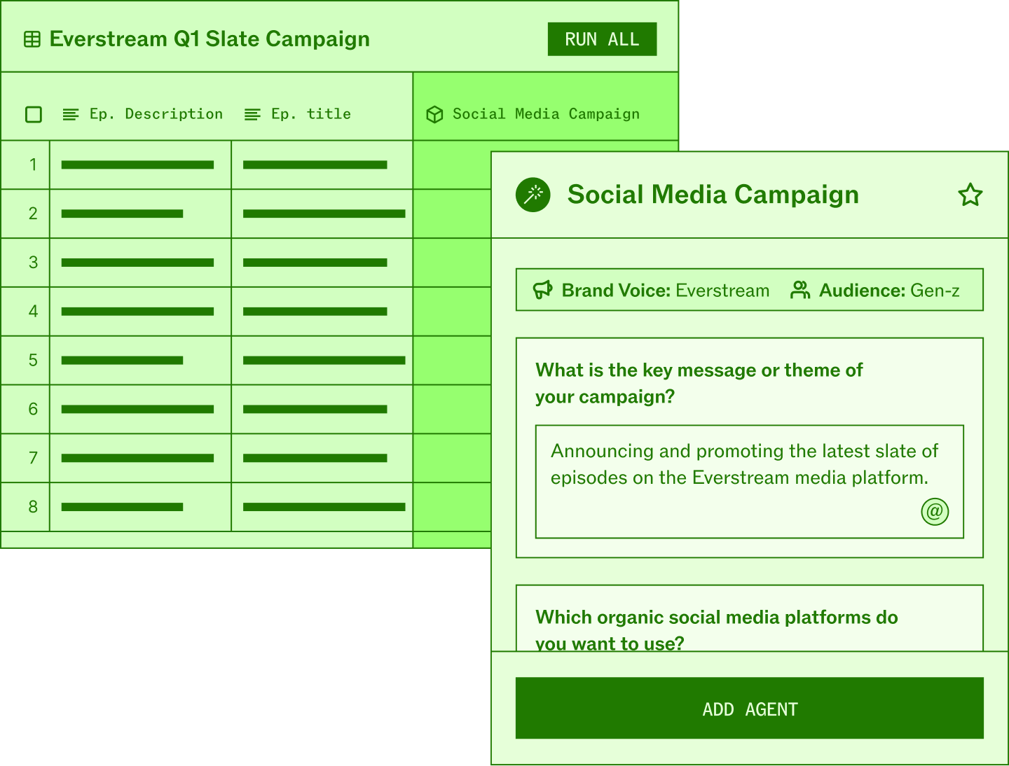 Jasper Grid campaign workflow with a Social Media Campaign agent configured for Everstream’s brand voice and Gen-Z audience.