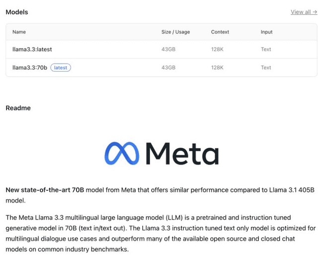 Ollama's Llama 3.3 library page lists 43 GB variants with a 128K context window and identifies Meta as the model developer.