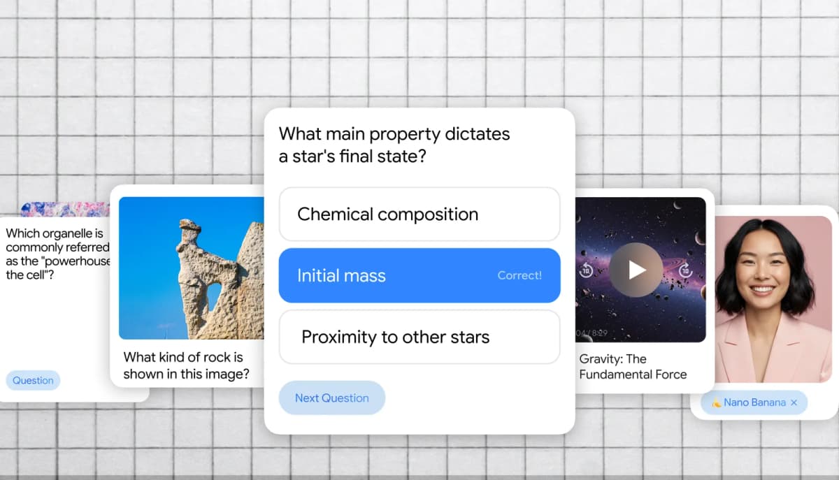 Google’s Gemini student features article shows a custom quiz card with a question, highlighted answer, and additional study cards