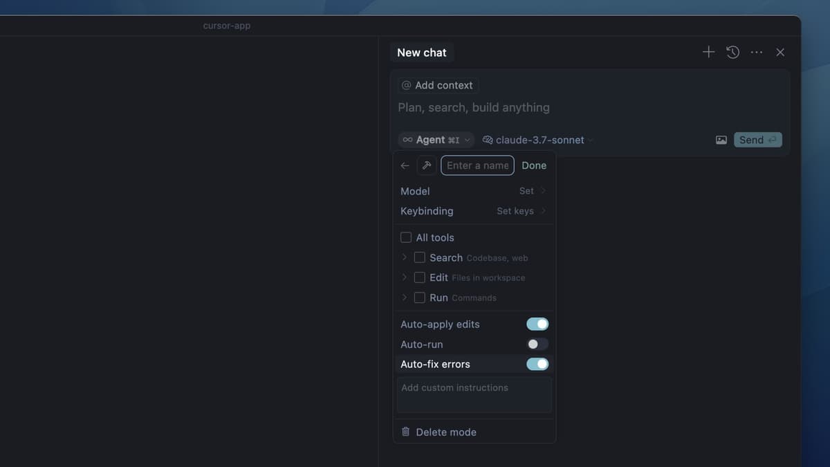 Cursor editor screenshot showing custom agent mode settings and Claude model selection
