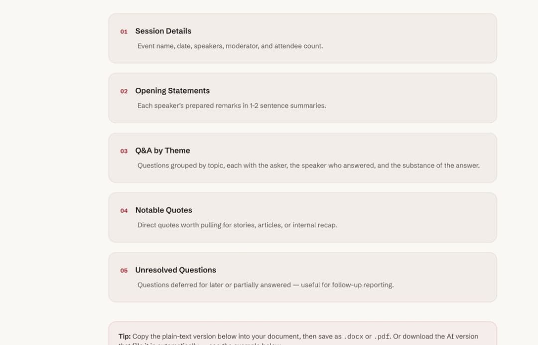 Note Genie's Q&A session template groups questions by theme and identifies the asker, answering speaker, and answer substance.