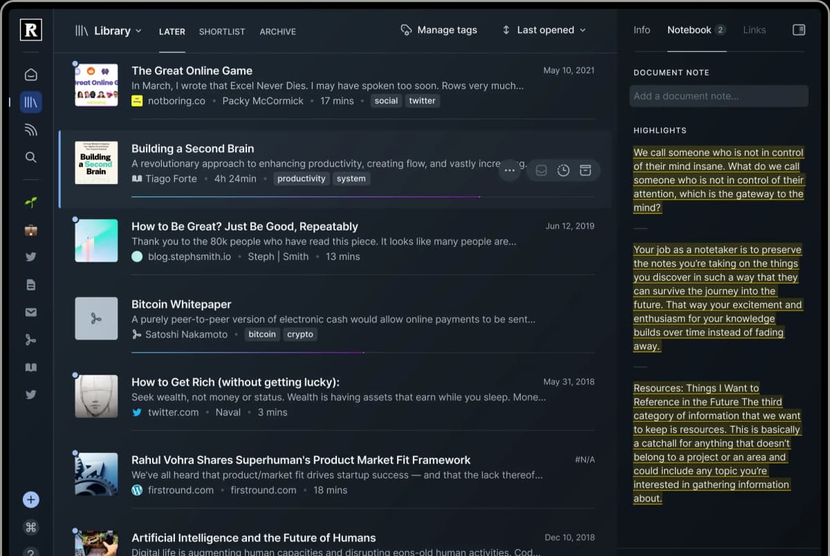 Readwise Reader showing selected book highlights in its notebook panel