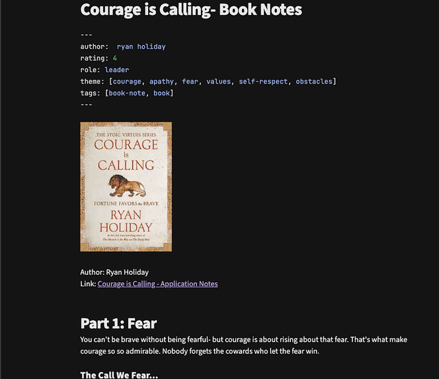 Obsidian book note showing a chapter heading and a concise summary