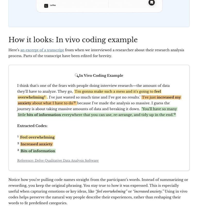 Delve example showing highlighted participant phrases in an interview excerpt beside the extracted in-vivo codes Feel overwhelming, Increased anxiety, and Bits of information.