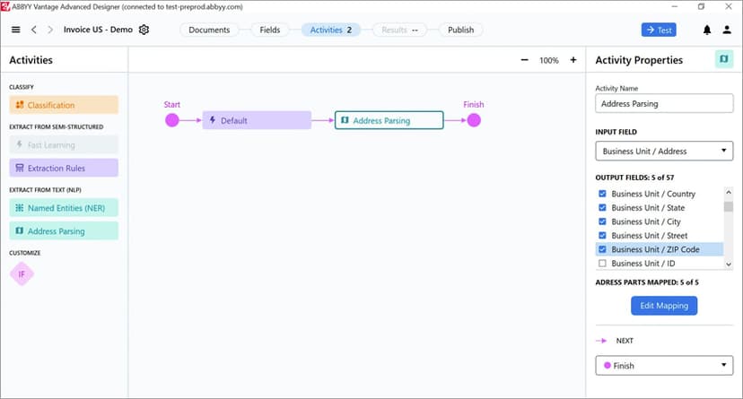 Historical ABBYY Vantage Advanced Designer interface showing a document-processing workflow with an Address Parsing activity and selected output fields.