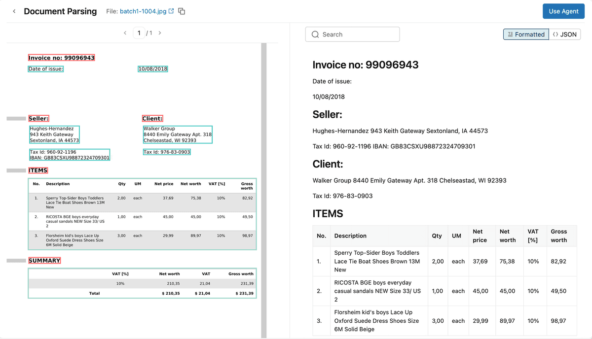Databricks Document Parsing UI showing an invoice with detected bounding boxes beside its formatted parsed output.