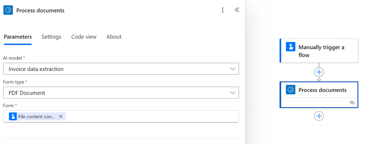 Power Automate Process documents action configured with an invoice extraction model, PDF input, and file content in a manually triggered flow.