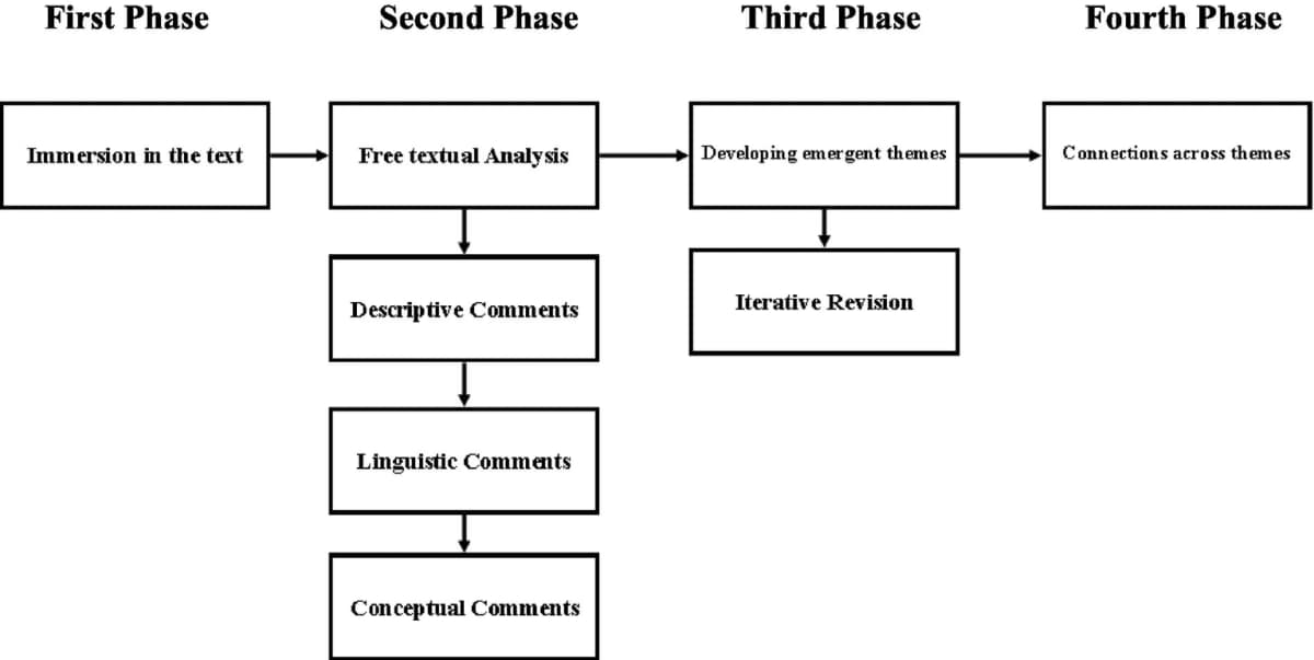 Published IPA study flow from text immersion through descriptive, linguistic, and conceptual notes to revised themes.