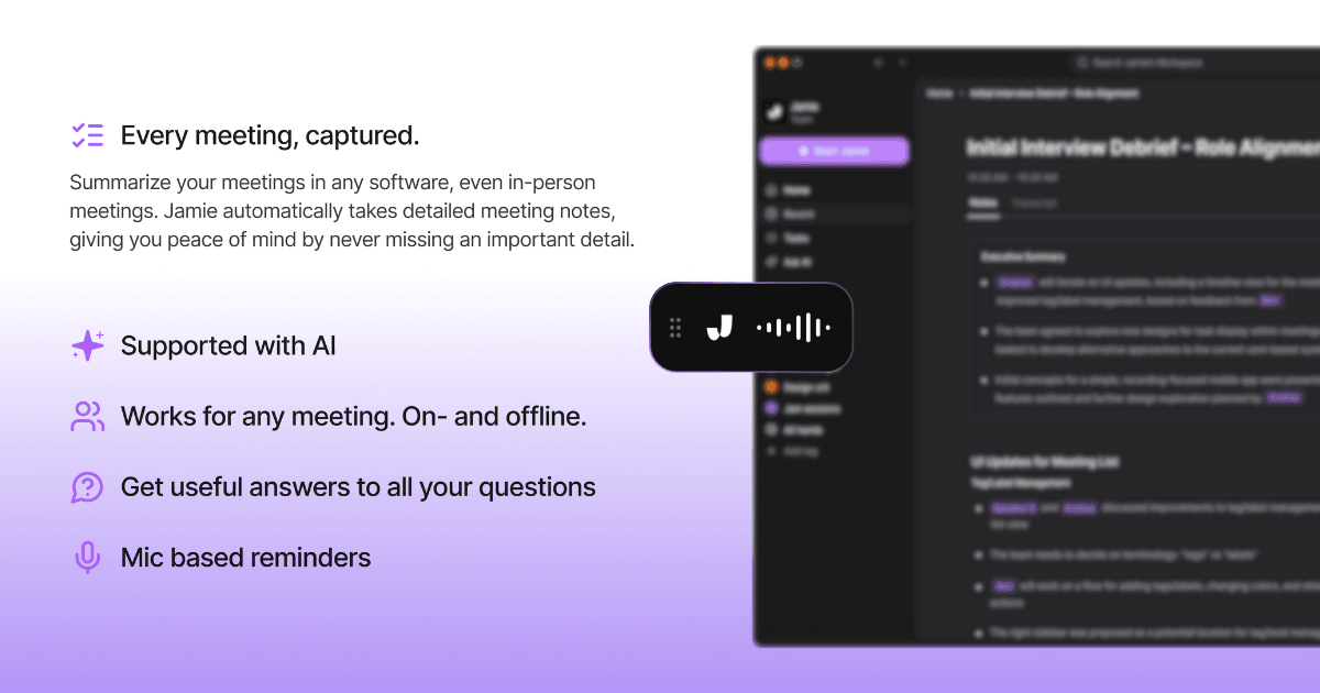Jamie product visual showing generated meeting notes beside an audio-control strip.
