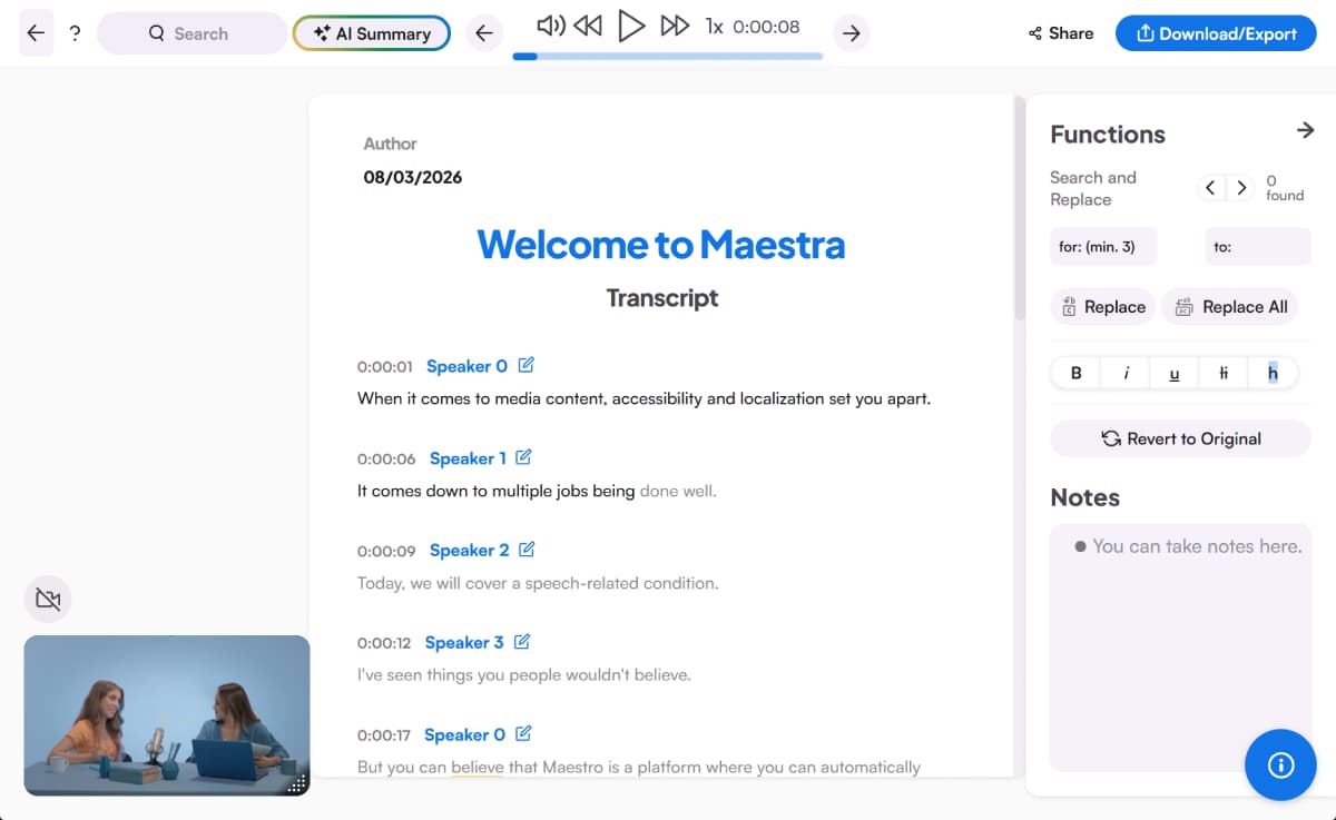 Maestra transcript editor with speaker labels, timestamps, audio playback, and editing controls.