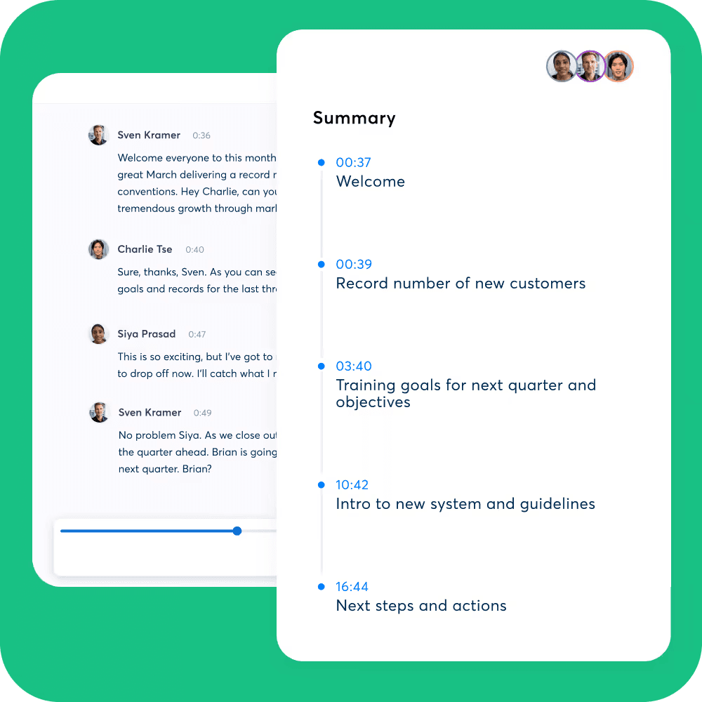 Official Otter interface showing named speakers and timestamps in a transcript beside a timestamped summary.