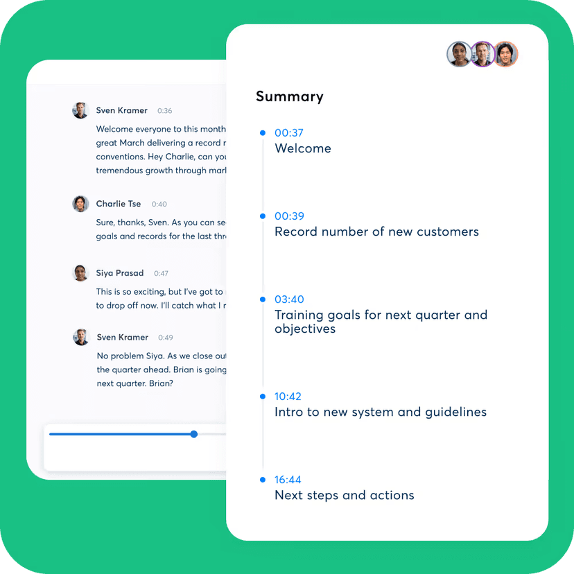 Official Otter interface showing named speakers and timestamps in a transcript beside a timestamped summary.