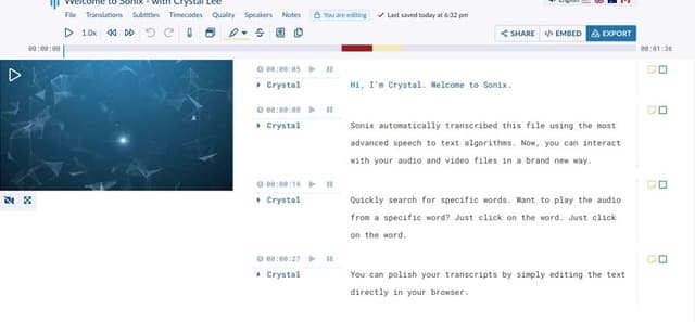 Sonix transcript editor with synchronized audio controls, timestamps, speaker labels, and editable text.